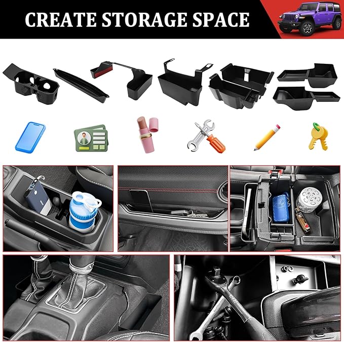 Center Console Organizer for 2018-2023 Jeep Wrangler JL 4XE Console Cup Holder Organizer Trunk Storage Tray Hanging Armrest Storage Box for Wrangler Accessories(18-23 6-Piece, Not Gladiator)