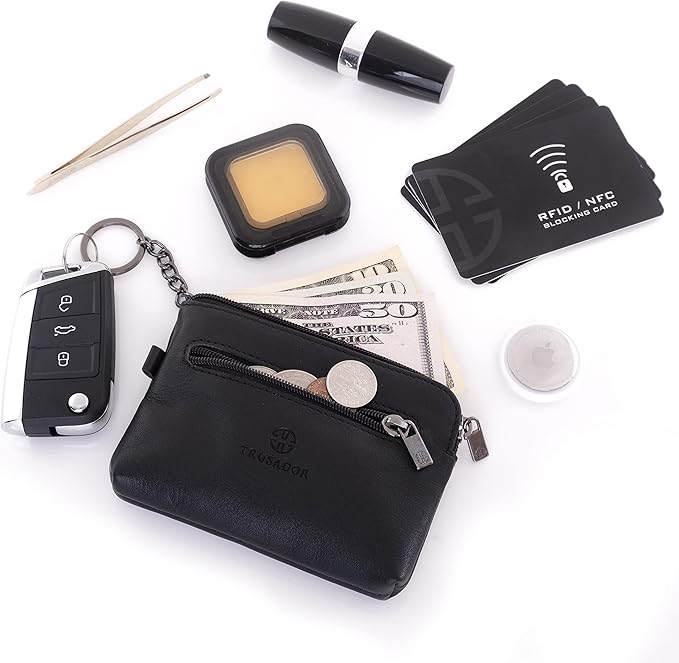 Trusador Milano Unisex Leather Front Pocket Wallet Coin Purse Zipper Pouch with Keychain (Black)