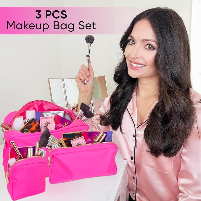 DANCOUR 3-Piece Hot Pink Makeup Bag Set – Mini, Small & Large Cosmetic Bags for Women & Girls, Cute Travel Toiletry Bag Set, Makeup Organizer Pouches for Purse or Travel