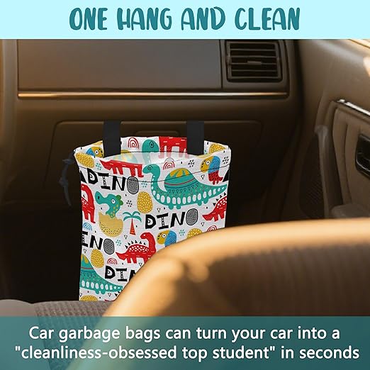 Car Trash Bag Dinosaur with Abstrct Palms and Eggs Leak-Proof Waterproof Car Garbage Bag with Drawstring Foldable Canvas Trash Bin with Adjustable Buckle for Car Accessories, Travelling, Camping