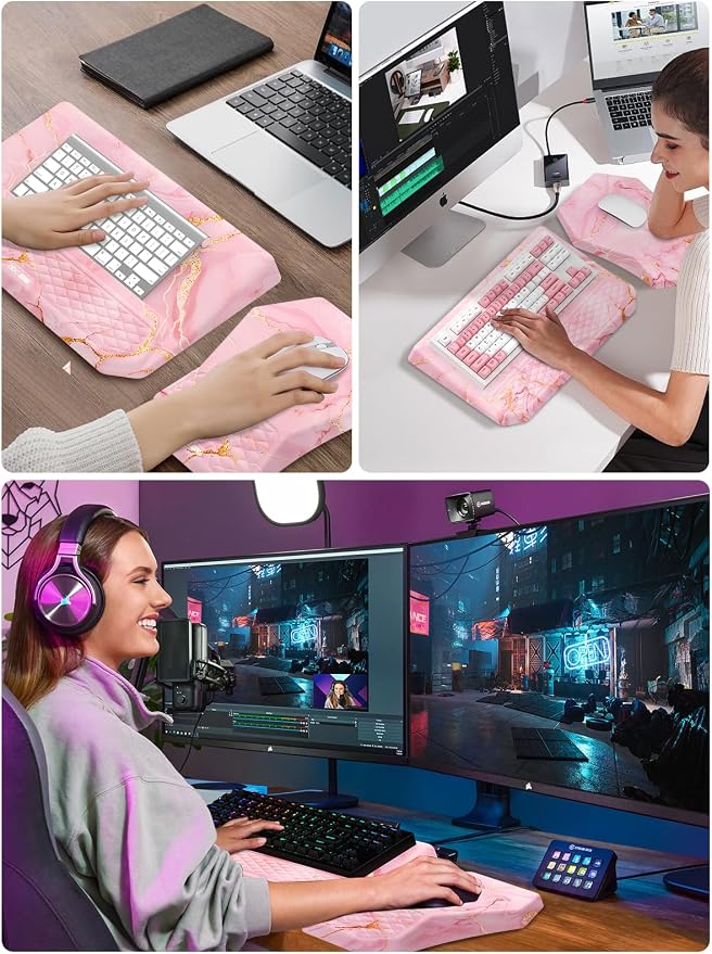 3-in-1 Ergonomic Keyboard Stand with Wrist Rest & Mouse Pad Set, Comfy Keyboard Riser Holder Soft Mousepad with Massage Design, Memory Foam and Non-Slip PU Base for Pain Relief, Pink Marble