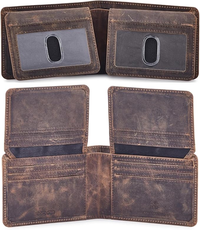 Cochoa Wallet for Men Bifold Leather RFID Blocking High Capacity Slim Card Case with 2 ID Window for Gift (Crazy Horse, Moss)