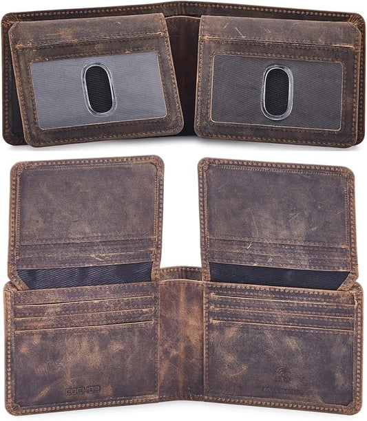 Cochoa Wallet for Men Bifold Leather RFID Blocking High Capacity Slim Card Case with 2 ID Window for Gift (Crazy Horse, Moss)