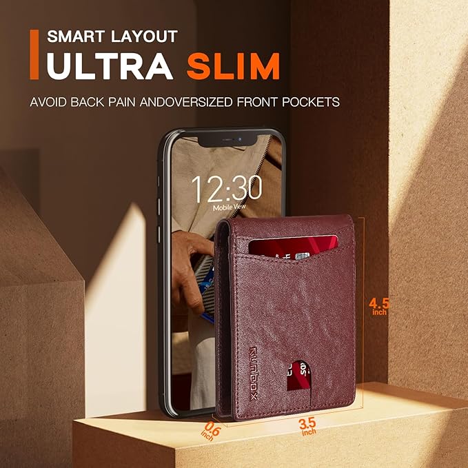 RUNBOX Wallet for Men Slim Leather Bifold RFID Blocking Minimalist Front Pocket Design with Gift Box