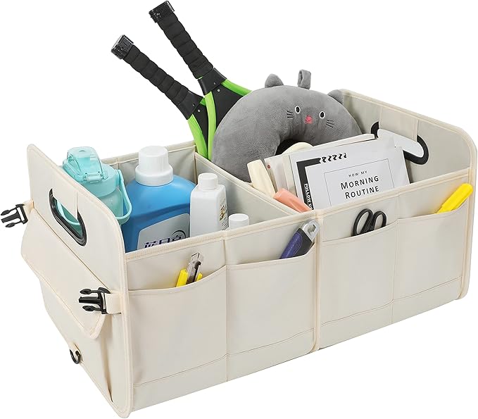 AOKJOY Car Trunk Organizer Car Storage Organizer Collapsible Multi Compartment Car Organizer Adjustable Straps for SUV(Beige)