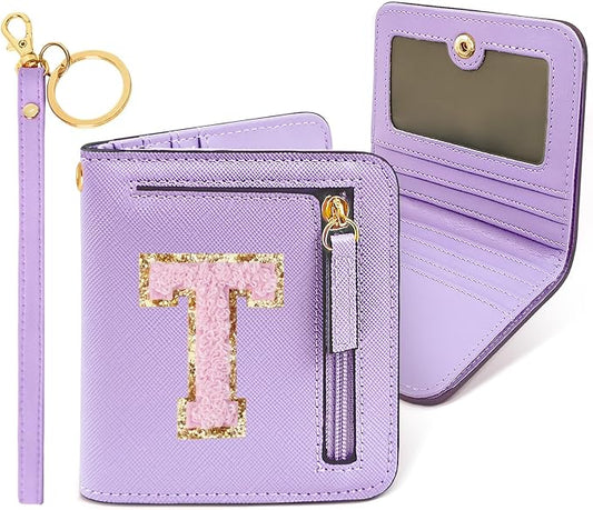 COSHAYSOO Preppy Wallet Gifts for Teen Girls Women Small Wallet RFID Bifold PU Leather Christmas Valentines Easter Mothers Fathers Day Nurse Appreciation Graduation Gifts Chenille Letter T Purple