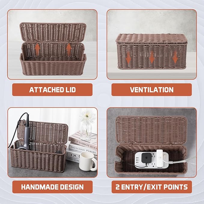 Cable Management Box, Handmade Rattan Cable Organizer with 2 Open Slots, Cord Hider for Power Strip, Router & USB Hub, Registered U.S. Design Patent (D1,112,102), 13" x 5.1" x 5.1", Brown