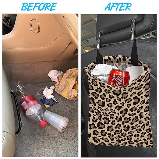 Car Trash Bag Hanging Brown Leopard Print Car Trash Can Waterproof Garbage Bag Hanging for Car Back Seat