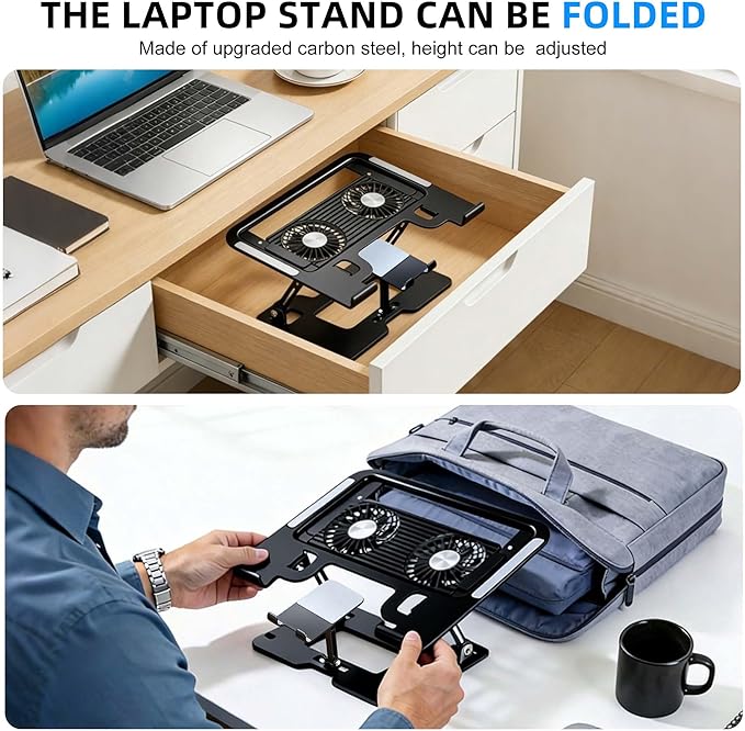 Ergonomic Foldable 2-in-1 Laptop Stand with Fans,Laptop Riser for Desk with Phone Holder,Computer Stand for Laptop,Sturdy and Portable Stand,Compatible with All Laptops and Phones Black