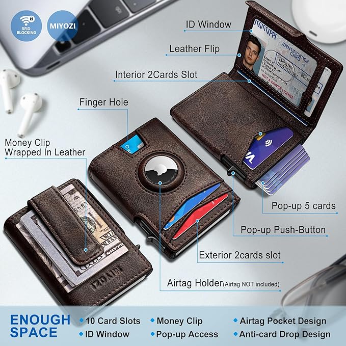 miyozi Airtag Wallet for Men,with Money Clip 10 Cards Metal Case Smart Slim Pop Up Credit Card Holder Flip with Magnetic Closure RFID Blocking wallet with Gift Box