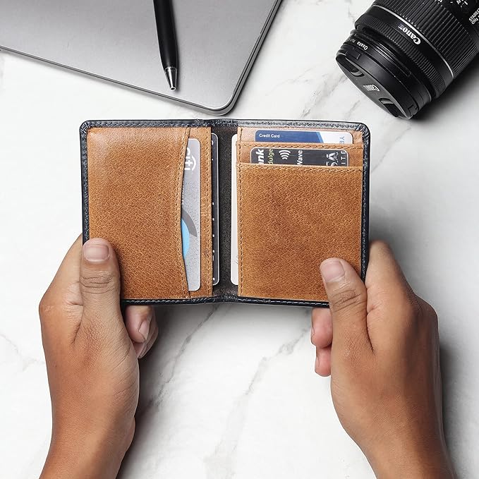 FOXHACKLE Full Grain Leather Credit Card Holder for Men and Women, Slim Bifold RFID Blocking Wallet, Thin Front Pocket Minimalist Wallet, Small Card Case.