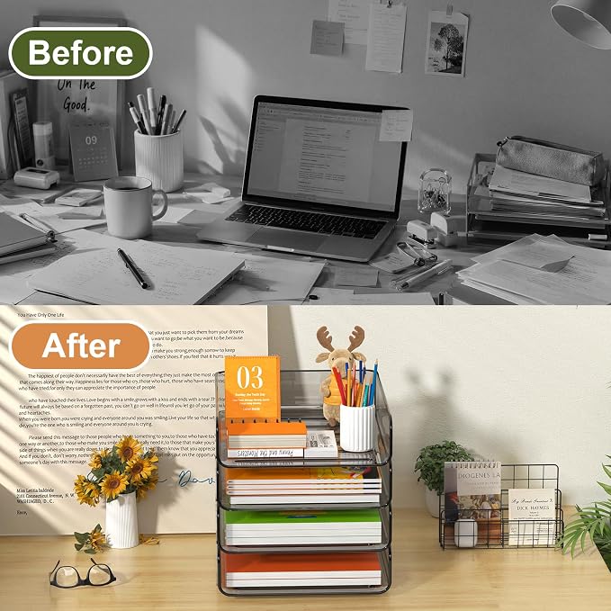 FANXIYQ 4-Tier Acrylic Paper Tray Organizer, Smoked Brown Stackable Desk File Organizer for Documents, Files, Letters, A4 Paper, Books, Notes, Mail & Paper Storage, Office Classroom Home