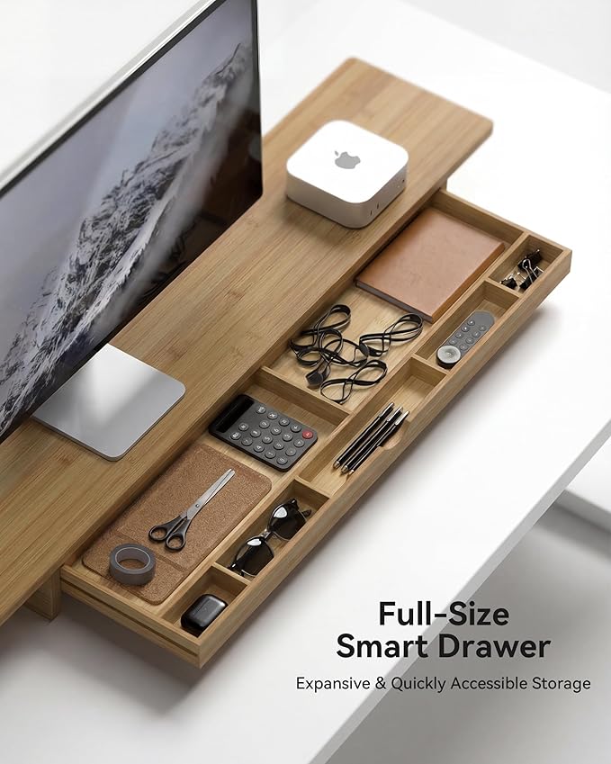 Bamboo Monitor Stand with Large Storage Drawer, 42 Inch Ergonomic Computer Riser for Desk, Screen Shelf with 7 Compartments for Keyboard & Stationery Organization, Dark Bamboo