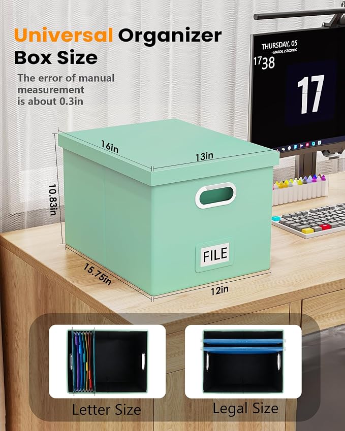 Oterri 2 Pack File Storage Organizer Box,Portable File Box with Lid,Fit for Letter/Legal File Folder Storage, Mint-green(Leather)