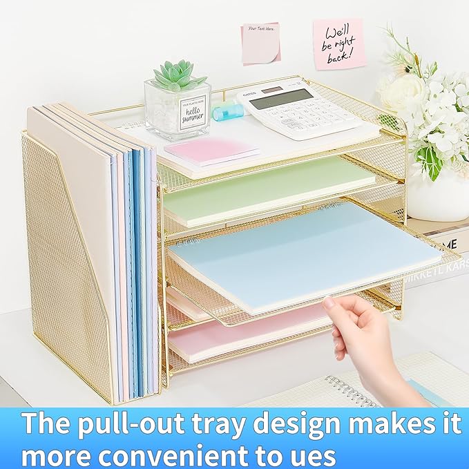 OPNICE Desk Organizer, 5-Tier Paper Organizer Letter Tray with Magazine Holder, Office Desk Accessories & Workspace Organizers, Desktop File Organizer for Office Supplies Storage, Gold