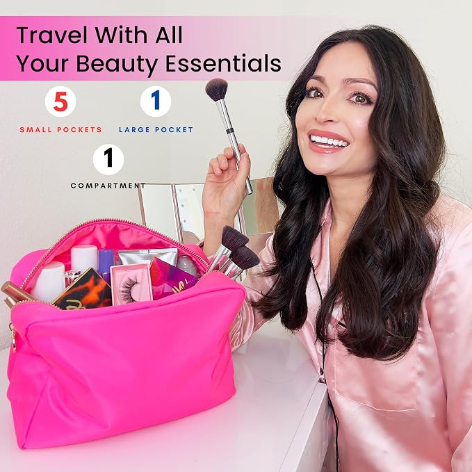 DANCOUR Large Makeup Bag with Compartments Travel Cosmetic Bag Organizer for Women Spacious Makeup Case and Pouch for Beauty Essentials Portable Pink Makeup Travel Bag
