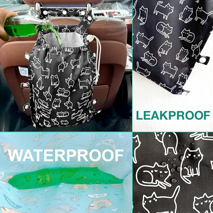 FLOCK THREE Leak-Proof Waterproof Car Trash Bag Foldable Multipurpose Trash bin Container Storage Cute Grocery Organizer Bag for Automotive Front or Back Seat in Cars SUVs and Trucks (Black Cats)