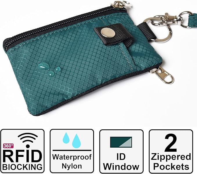 CHENSPRX Minimalist RFID Blocking Small Wallet with ID Window,WaterResistant Zip Id Case Wallet with Lanyard Keychain for Cards,Cash,Travel,Women,Men