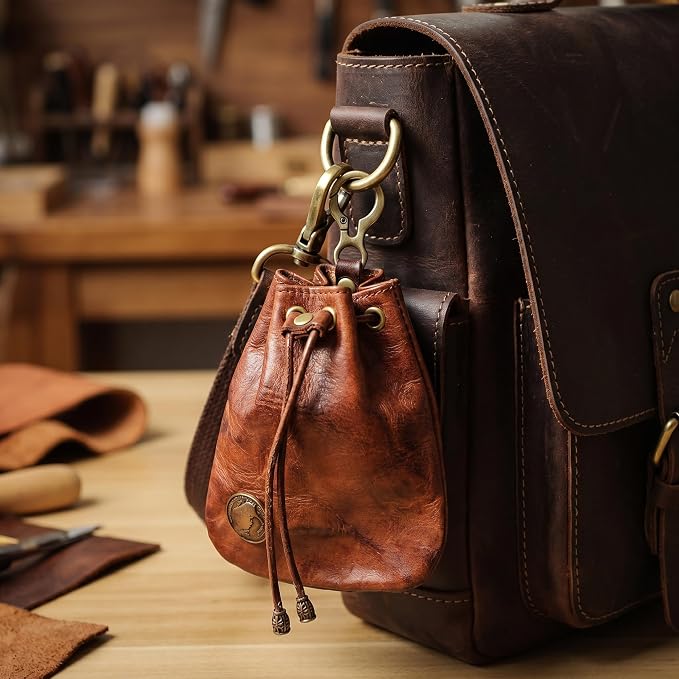 PU Drawstring Coin Purse, Vintage Faux Leather Pouch with Antique Brass Clasp, Portable Drawstring Coin Bag for Coins/Cash/Small Essentials(Brown)