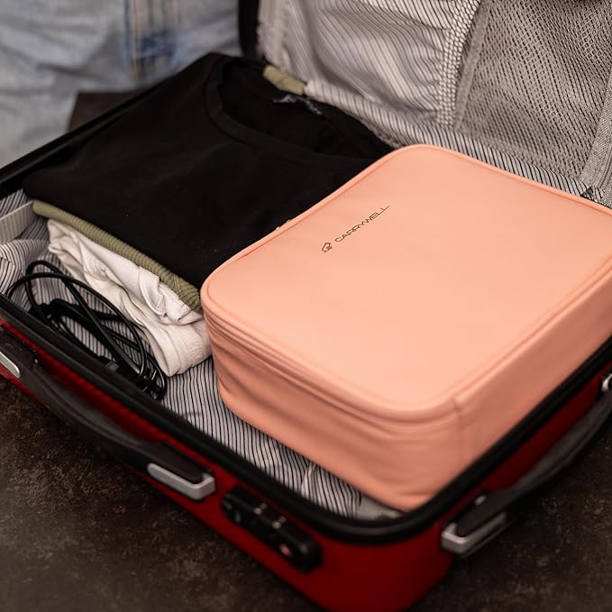 Makeup Bag Travel Case, Not-Made In China, Hard Train Case for Cosmetics, Portable Beauty Artists Organizer, Cosmetic Storage Box With Adjustable Dividers For Make Up and Brushes, Small Pink