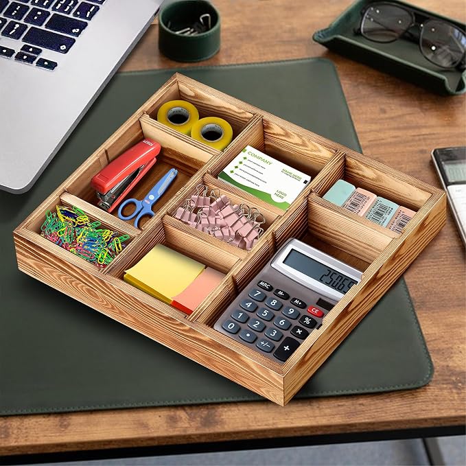 Wooden Desk Drawer Organizer, 9-Slot Office Organization and Storage Box, Adjustable Natural Wood Desktop Tray for Pens, Sticky Notes, and Small Accessories, Aesthetic Home Office Decor (12 x 9 In)