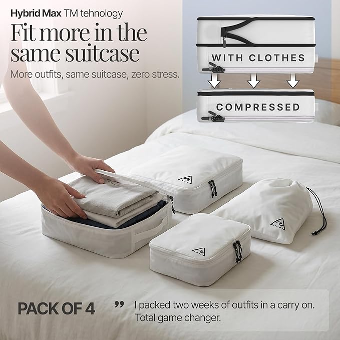 Well Traveled 4 pcs Compression Packing Bags Cubes Set with HybridMax Double-Capacity Design - Packing Cubes for Travel Compression to Maximize Limited Luggage Space, White