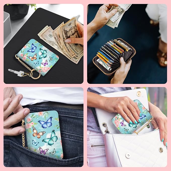 Blusabaca RFID Credit Card Holder Wallets for Women, Small Card Case Wallet with Keychain and Zipper, Butterfly Leather Card Holder Pocket Business Card Accordion Wallet