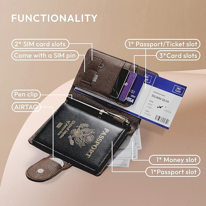 Passport Holder for Travel RFID Passport Holder with Airtag Compact Leather Passport Cover Case with Card Holders SIM Slots Passport Wallet for Women Men Airport Essentials Gift