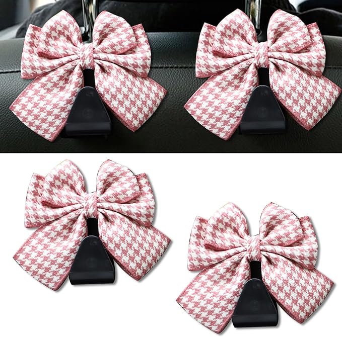 2PCS Car Seat Headrest Hooks, Cute Bow Vehicle Rear Seat Bracket Hook for Purses and Bags, Automotive Purse Hook Hanger, Universal for SUV, Sedan, Truck (Pink)