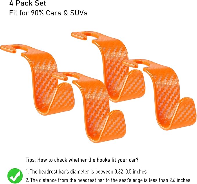 Car Seat Headrest Hook Universal Vehicle Seat Hook Hangers Interior Storage Organizer for Purse Handbag Coats Umbrellas Grocery Bags 4 Pack Orange
