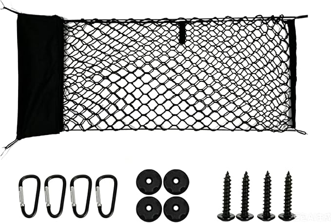 130x45CM Trunk Cargo Net Large Heavy-Duty Automotive Storage Bag | Elastic Trunk Storage Mesh Organizer Foldable Automotive Cargo Net Mounting Screws Universal for SUV Truck Van Sedan