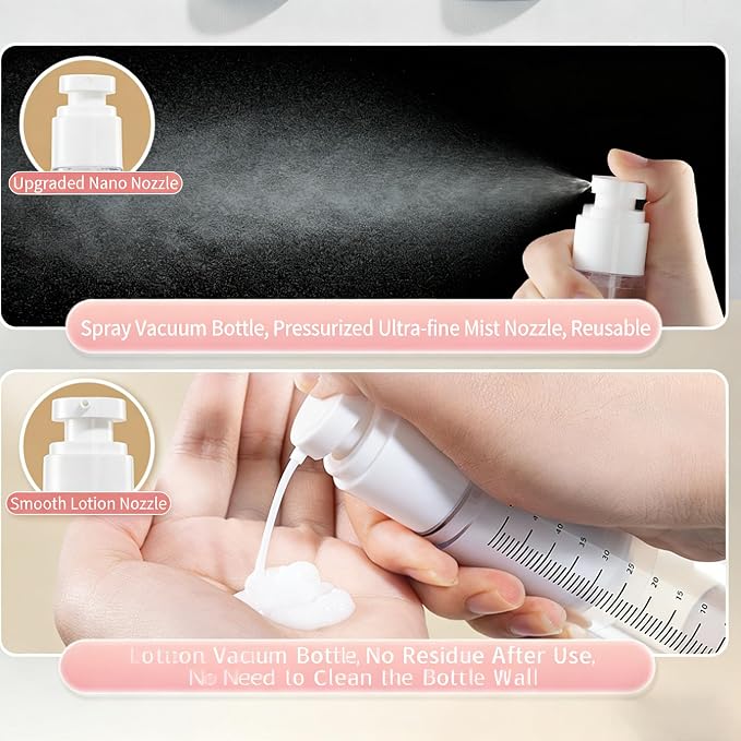 7 PCS Travel Size Bottles for Toiletries， Travel Bottles Set,Leak Proof Toiletry Containers with Graduated Vacuum Atomizer for Shampoo Lotion and Cosmetics