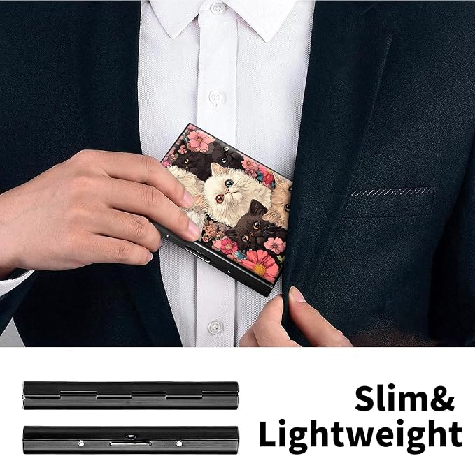 Metal Wallet, Credit Card Holder for Women Men Girls, RFID Blocking Aluminum Wallet Slim Hard Case, Mini Travel Wallet, ID Card Holder Business Card Case,Cats Flower
