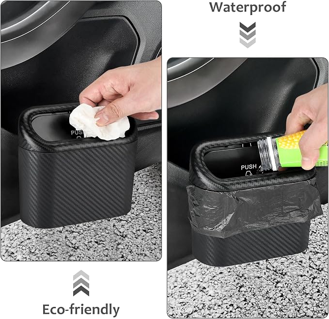 Accmor Car Trash Can with Lid, Mini Vehicle Trash Bin Portable Car Dustbin Garbage Organizer Holder with One Roll Trash Bag, Small Hanging Leakproof Auto Storage Bag Container (Carbon Fiber)