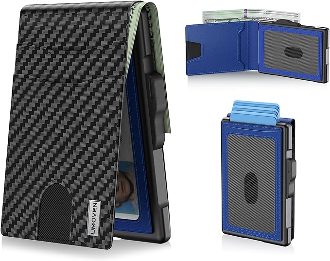 umoven Wallet for Men - Pop Up Case, Cash Slot, and Credit Card Slot - Slim Aluminum Wallet with RFID Blocking, Minimalist Leather Wallet Front Pocket with ID Window (Carbon Blue)