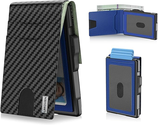 umoven Wallet for Men - Pop Up Case, Cash Slot, and Credit Card Slot - Slim Aluminum Wallet with RFID Blocking, Minimalist Leather Wallet Front Pocket with ID Window (Carbon Blue)