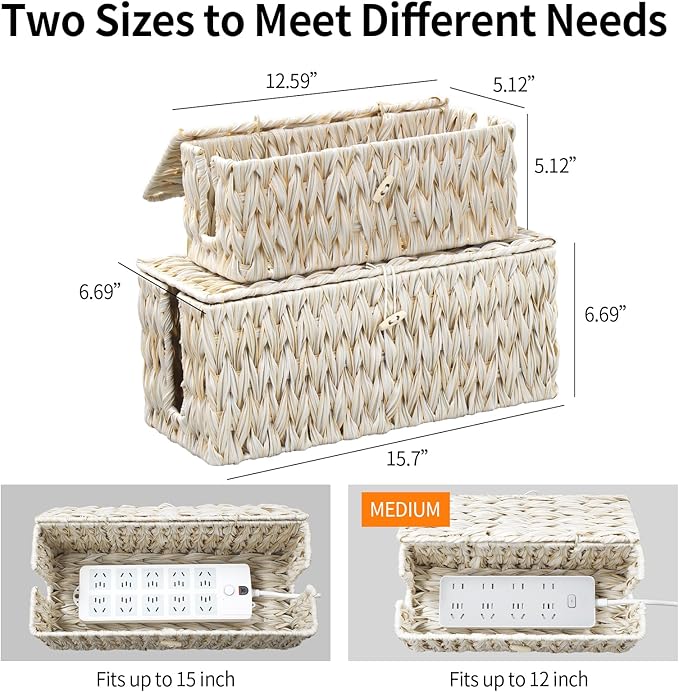 Coeusy Cable Management Box,Boho Decorative Handwoven 2 Open Slots Cord Organizer Hider Box with Lid for TV Wires, Computer, Router, USB Hub and Under Desk Power Strip