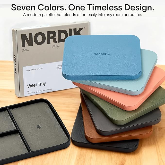 Nordik Leather Valet Tray - Pebble Black - 9.5 x 7.9 Inch Medium Vegan Leather Tray - Stylish Nightstand Organizer for Men - Modern Bedside Caddy - EDC Catchall for Key Watch Wallet Jewellery