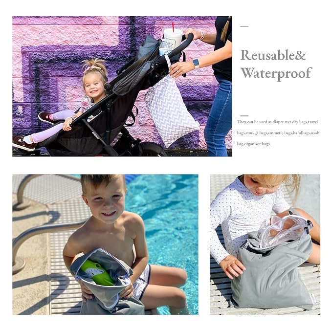 ALVABABY 2pcs Cloth Diaper Wet Dry Bags Waterproof Reusable with Two Zippered Pockets Travel Beach Pool Daycare Soiled Baby Items Yoga Gym Bag for Swimsuits or Wet Clothes