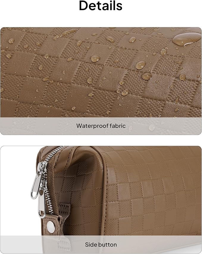 TOPEAST Travel Makeup Bag Cosmetic Bags for Women, 3 Pcs Set Make Up Toiletry Bag with Removable Zip Purse, Waterproof Leather Makeup Brush Organizer for Travel Essentials, Brown