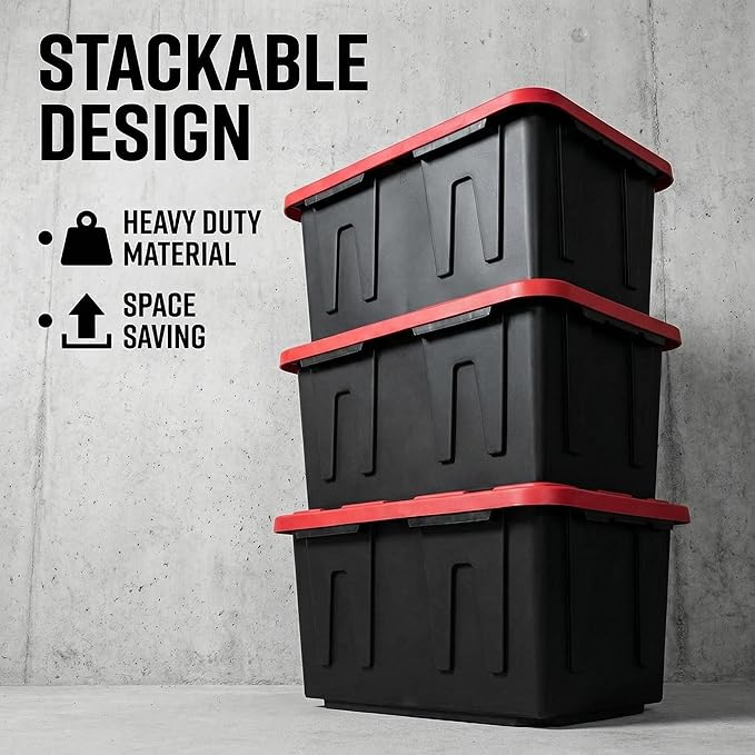 27 Gal Industrial Tote,Pack of 2 red Plastic storage bins with lids for Garage, Basement, or Outdoor,Heavy Duty storage Totes,Black with Red Lid,Stackable & Nestable