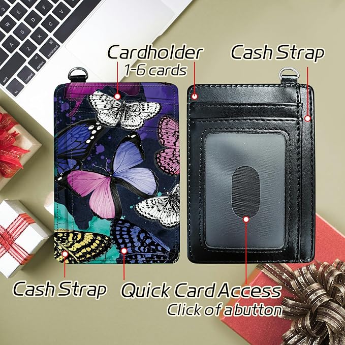 Small Travel Wallets, Color Butterfly Slim Minimalist Front Pocket Wallet with Wristlet, RFID Blocking PU Leather Credit Card Holder with ID Window Change Purse for Men Women