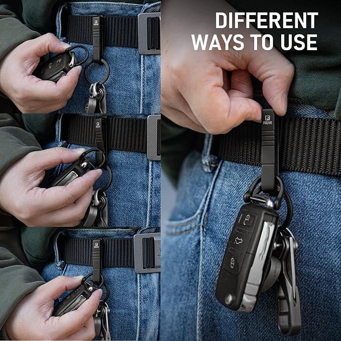 FEGVE Titanium Key Belt Clip with Key Ring, Belt Key Holder Key Chain Clip Black Keychain for Men