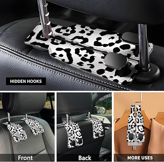 Car Seat Headrest Hook, Universal Leather Cute Hanger Holder Hook, Storage Organizer Interior Accessories for Purse Bags Handbag White Black Leopard