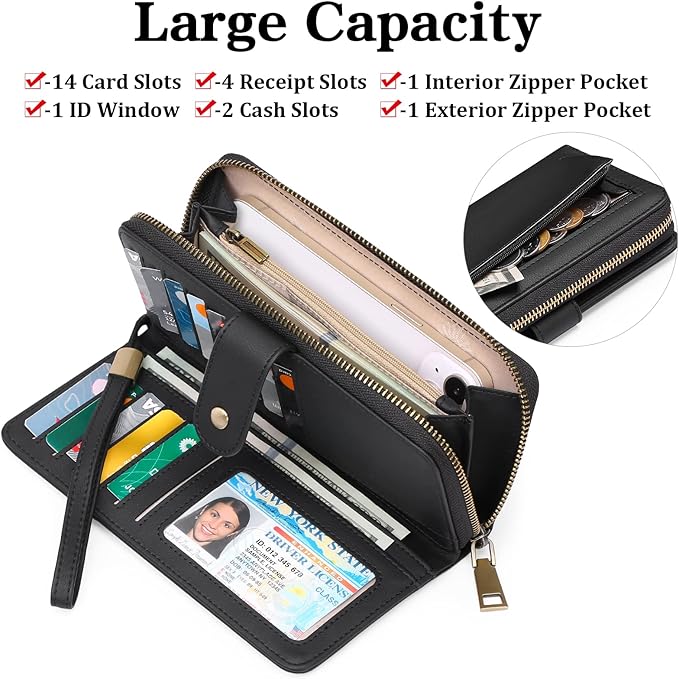 GAEKEAO Wallet for Women Clutch RFID Blocking Wristlet Leather Purse Large Capacity Credit Card Holder with Grip Hand Strap