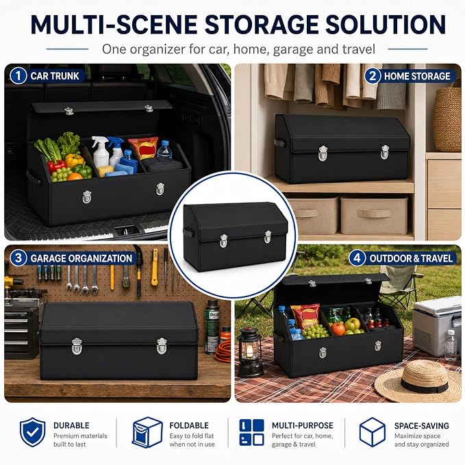 Car Trunk Organizer with Lid,Foldable Faux Leather Cargo Storage Box,3 Compartments,Collapsible Multi-Functional for SUV,Sedan,Vehicle Trunk, Black