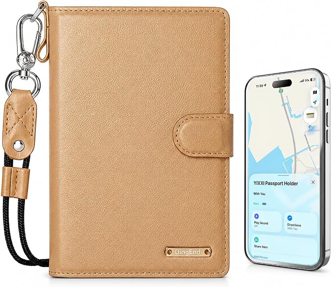 Passport Holder for Travel, Apple MFi Certified Smart Passport Cover Works with Find My, Rechargeable Travel Wallet with Lanyard, RFID Blocking Card Case, PU Leather, Brown