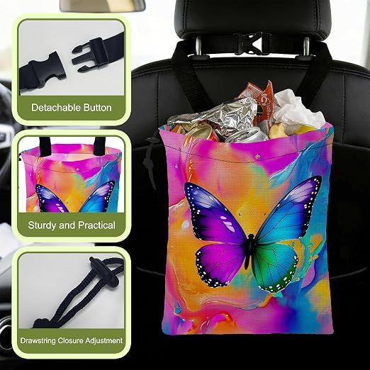 Car Trash Bag Colorful Fluid Butterfly Hanging Drawstring Car Organizer and Storage Bag with Adjustable Buckle Canvas Garbage Bin for Back Seat or Hanging Headrest Car Decor Road Trip Essentials