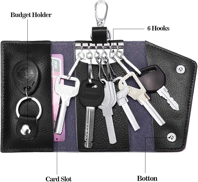 BAKUN Compact Leather Car Key Case, Key Holder Key Organizer Wallet, With 6 Hooks(Black)