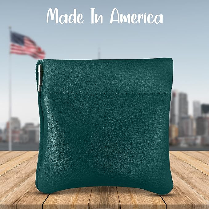 Nabob Leather Genuine Leather Squeeze Coin Purse, Coin Pouch Made IN U.S.A. Change Holder For Men/Woman Size 3.5 X 3.5 (Teal)